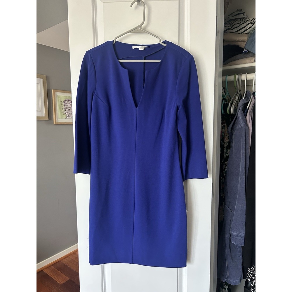 Diane Von Furstenberg Womens Blue 3/4 Length Sleeves Sheath Dress Size 14 V Neck
